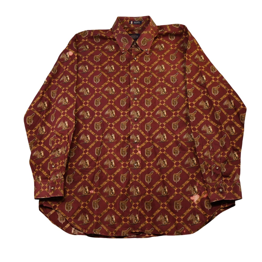 Kenneth Gordon Mens XL Shirt Burgundy Equestrian Horse Saddle Print Distressed